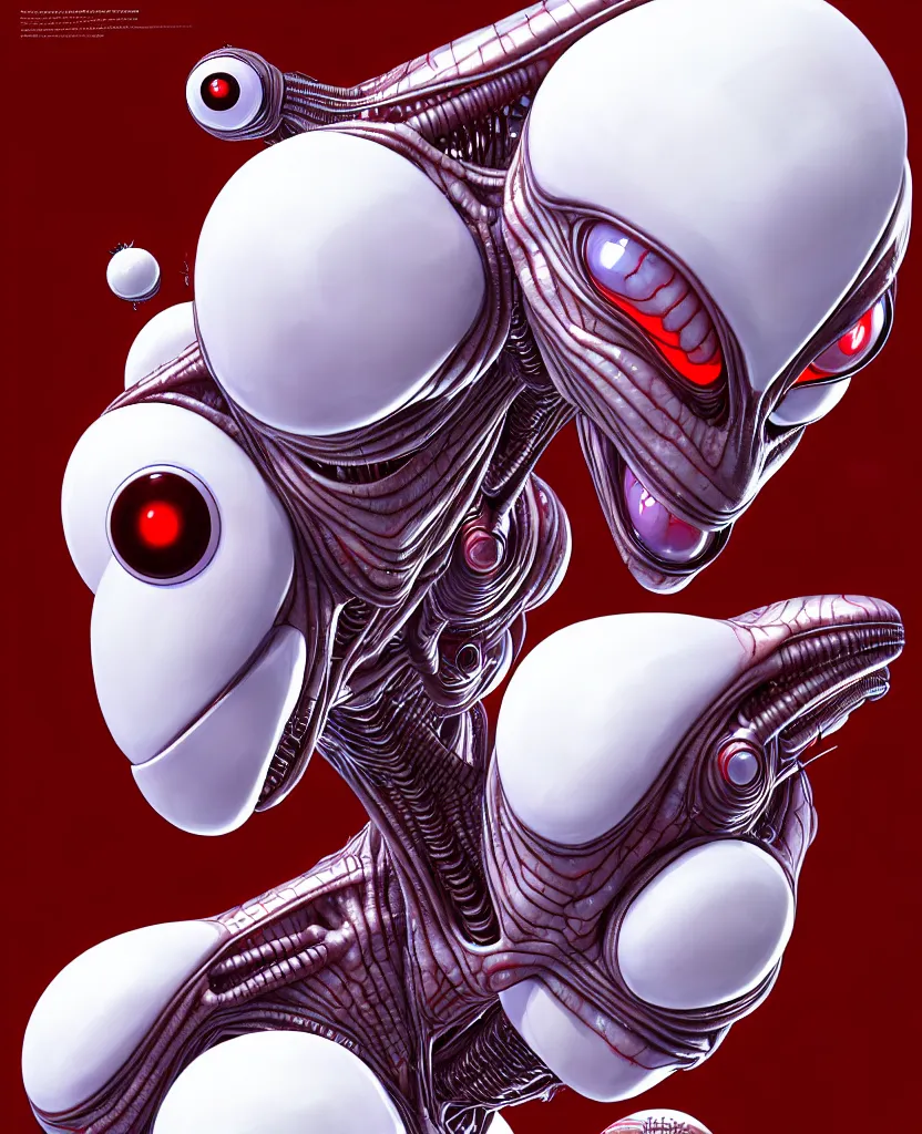 Prompt: an alien with 4 eyes and a white and red body, digital art, trending on artstation, symmetric, hyperrealistic, by yoshitaka amano, by yukito kishiro, by yoshiyuki sadamoto