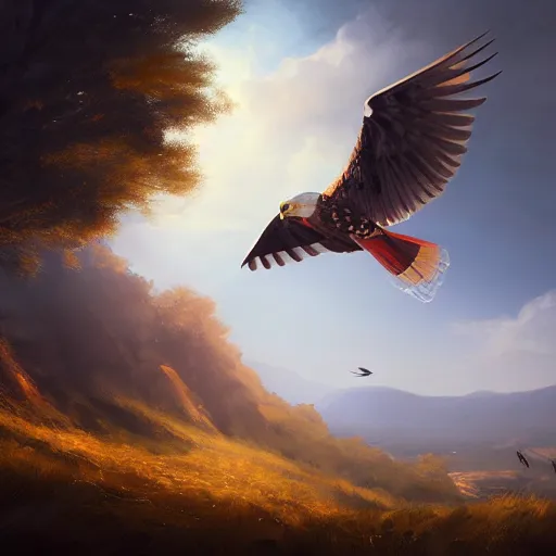 Image similar to milano bird, milvus milvus, kite, flying in avila mountains, 4 k, concept art, by wlop, ilya kuvshinov, artgerm, krenz cushart, greg rutkowski, pixiv. cinematic dramatic atmosphere, sharp focus, volumetric lighting, cinematic lighting, studio quality