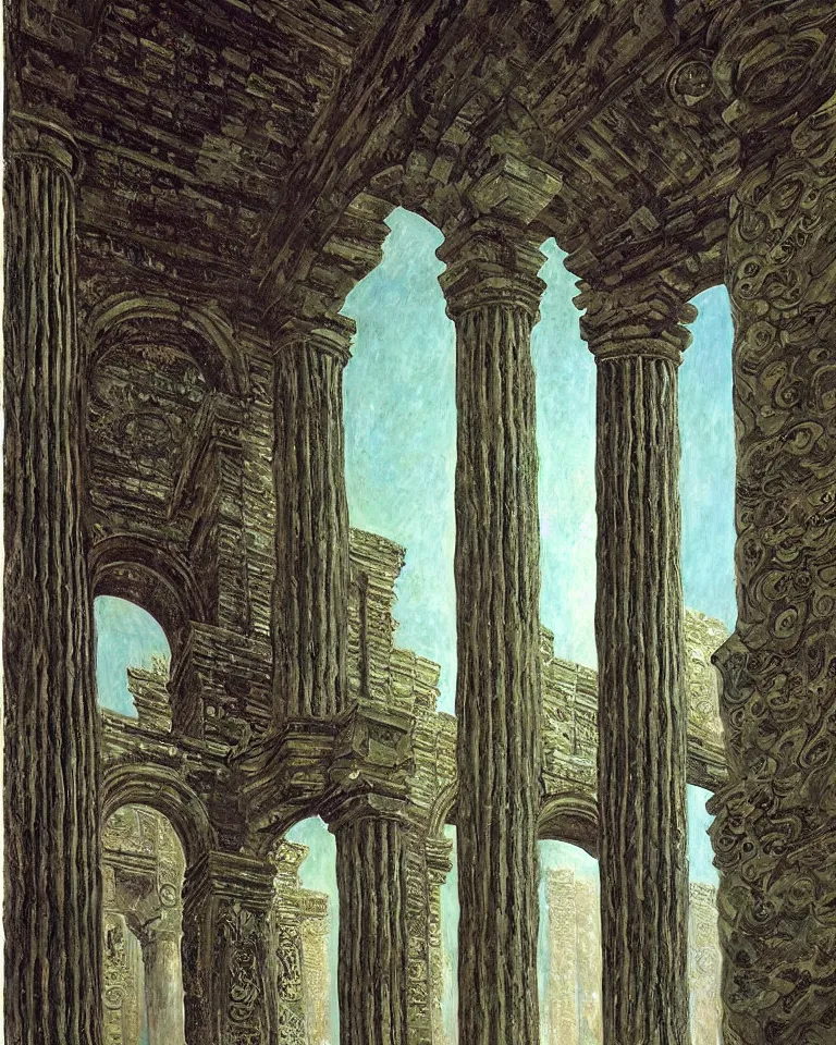 Image similar to achingly beautiful painting of intricate ancient giger columns and epic door on jade background by rene magritte, monet, and turner. giovanni battista piranesi.