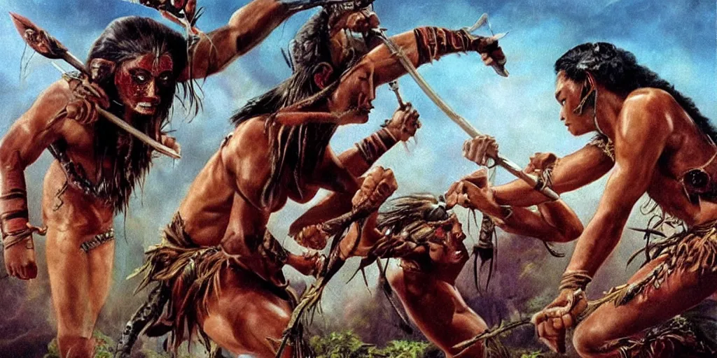 Prompt: movie, ancient battle in jungle, beautiful brutal aztec and Amazonian females fight, epic, vintage, blood, slight inspiration of Boris vallejo and apocalypto