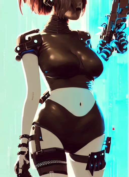Image similar to portrait of cute goth maiden in cyber bikini armor, face by ilya kuvshinov, warhammer, cyberpunk, by atey ghailan, by greg rutkowski, by greg tocchini, by james gilleard, by joe fenton, by kaethe butcher, dynamic lighting, gradient light blue, brown, blonde cream and white color in scheme, grunge aesthetic