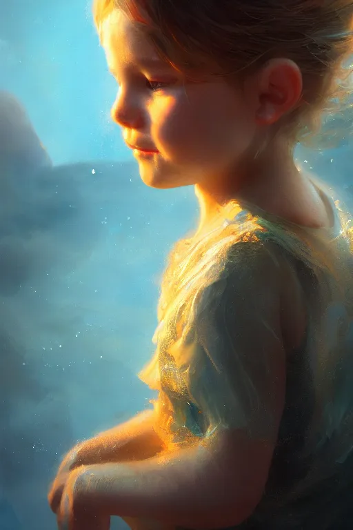 Image similar to Atlantis little girl, joyful, close-up portrait, intricate, elegant, volumetric lighting, scenery, digital painting, highly detailed, artstation, sharp focus, illustration, concept art, ruan jia, steve mccurry