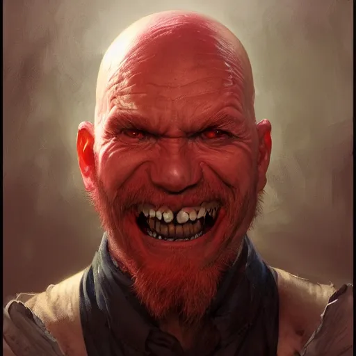 Image similar to portrait of a red bald man with black eyes and a black smile, horror, glowing eyes, by Stanley Artgerm Lau , greg rutkowski, thomas kindkade, alphonse mucha, loish, norman rockwell. Trending on artstation detailed illustration hd 4k