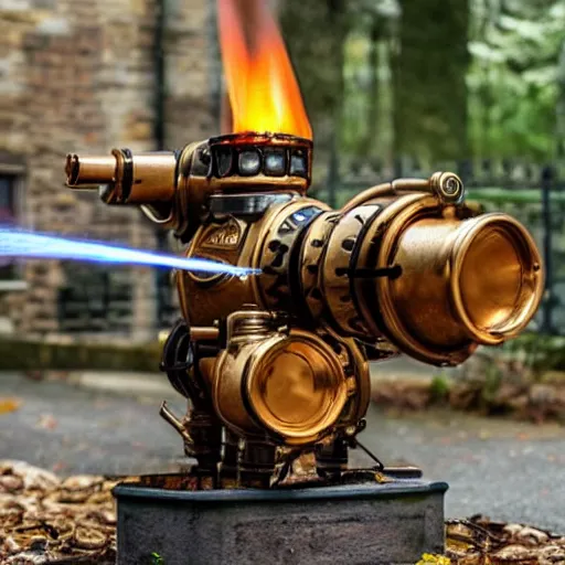 Prompt: photo of a steampunk flamethrower