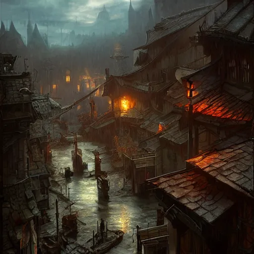 Prompt: a grim dark fantasy town seen from the gutters, dnd encounter, dark fantasy, rain, atmospheric lighting, extremely detailed, no people, photorealistic, octane render, 8 k, unreal engine 5. art by artgerm and greg rutkowski and alphonse mucha