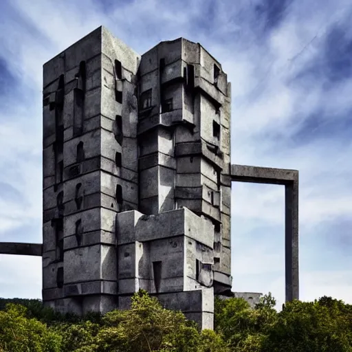 Image similar to scifi brutalist castle standing on a hill, tall castle with wild geometric towers, photography