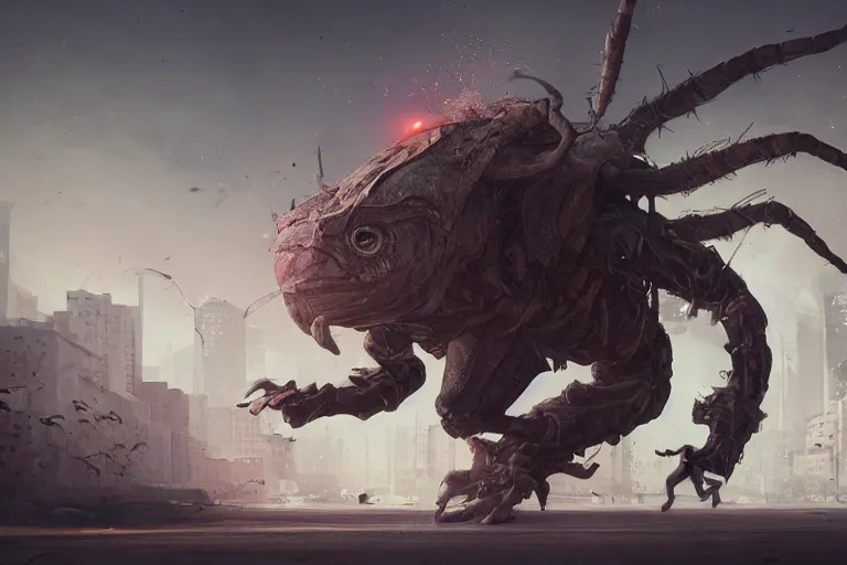 Image similar to a man running in panic through a ghost city by a huge insect, made by stanley artgerm lau, wlop, rossdraws, artstation, cgsociety, concept art, cgsociety, octane render, trending on artstation, artstationhd, artstationhq, unreal engine, 4 k, 8 k,