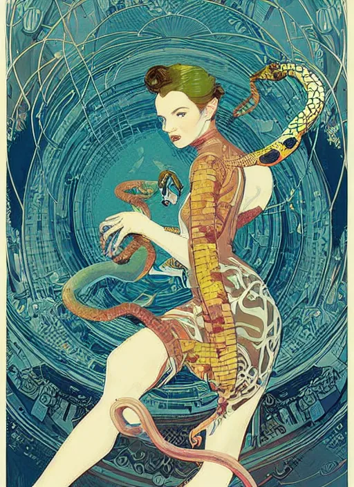 Prompt: an art nouveau illustration of a futuristic girl holding a snake by victo ngai, kilian eng, john berkey and norman rockwell