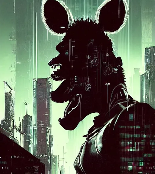 Prompt: new york city portrait icon of furry anthro anthropomorphic spotted hyena head animal person fursona wearing clothes strange cybernetic metal muzzle gloomy rainy screenshot from the video game cyberpunk 2077 maelstrom digital art by Greg Rutkowski, Simon Stalenhag, christopher nolan trending on Artstation, CGSociety, Bladerunner 2049