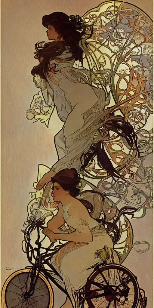 Prompt: a poster by Alphonse Mucha showing a woman riding a bicycle