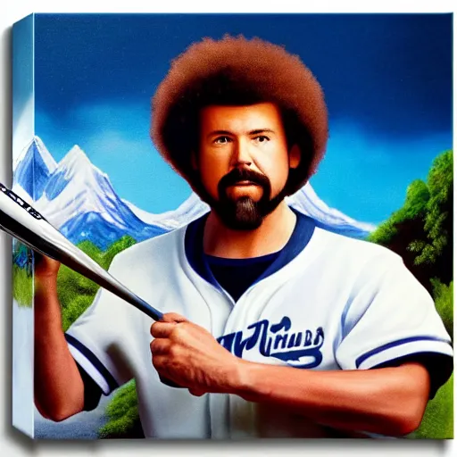 Image similar to a closeup photorealistic photograph of bob ross themed kenny powers baseball, painting on a canvas. mountains and trees. film still. brightly lit scene. this 4 k hd image is trending on artstation, featured on behance, well - rendered, extra crisp, features intricate detail, epic composition and the style of unreal engine.