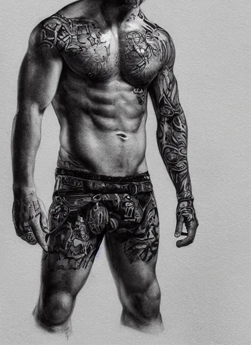 Image similar to photorealistic Portrait of frontal standing pose torso of a very attractive muscular man that looks like Jax Teller, heavily tattoed. All his skin is covered by elvish symbols and letters. Intricate, concept art, magic lighting overlays, magical portal opened, D&D!, fantasy style, sharp focus!, ultra detailed, art by Artgerm and Peter Andrew Jones, WLUP, Magali Villeneuve