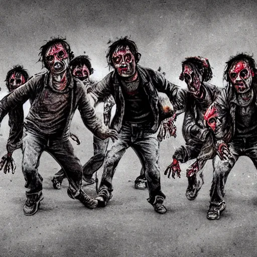 Prompt: zombies with no heads dancing in the street