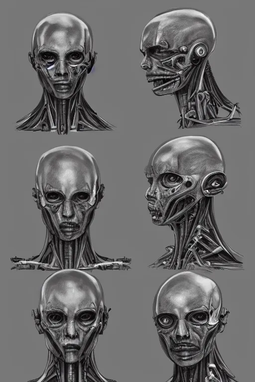 Prompt: facial anatomy with gunmetal grey skin, medical anatomy, very symmetrical face, highly detailed, mecha, three - perspective / three - view reference sheet ( front / back / side ), in the style of dan ouellette, hr giger, sil from species, dren from splice, biomechanical, artstation, unreal engine