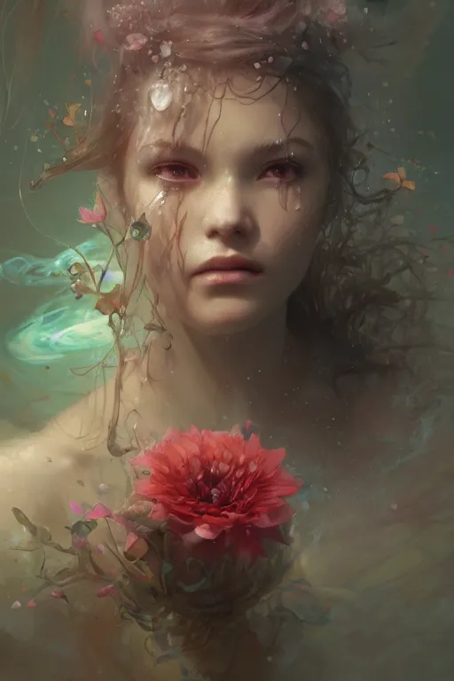 Image similar to face closeup a young beautiful girl drowned in water, underwater photography, 3 d render, hyper realistic detailed portrait, holding magic flowers, ruan jia, wlop. scifi, fantasy, hyper detailed, octane render, concept art, by peter mohrbacher, by wlop, by ruan jia