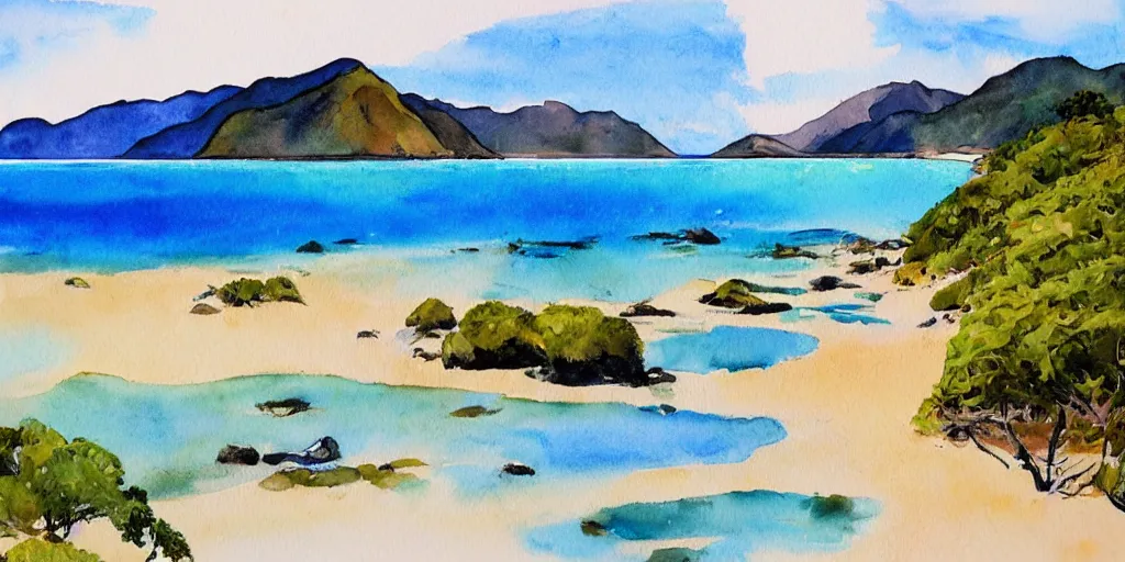 Prompt: golden bay new zealand, abel tasman, colorful watercolor painting, trending on artstation