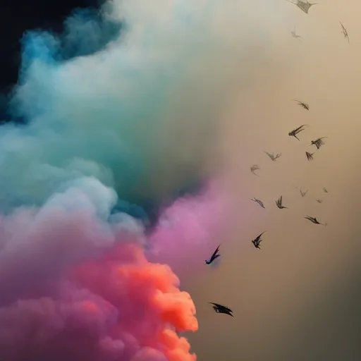 Prompt: muted colorful smoke forms into vague shape reminiscent dragons racing.