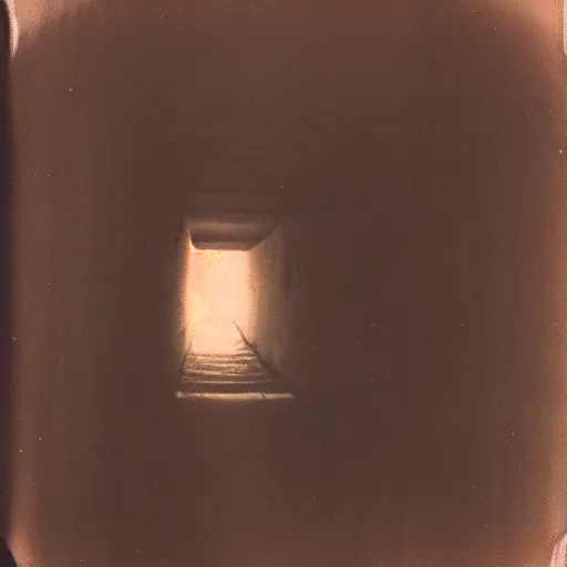 Image similar to a creepy humanoid figure standing in a tunnel, dark, brooding, creepy, backlit from sunlight, real photo taken on Polaroid camera