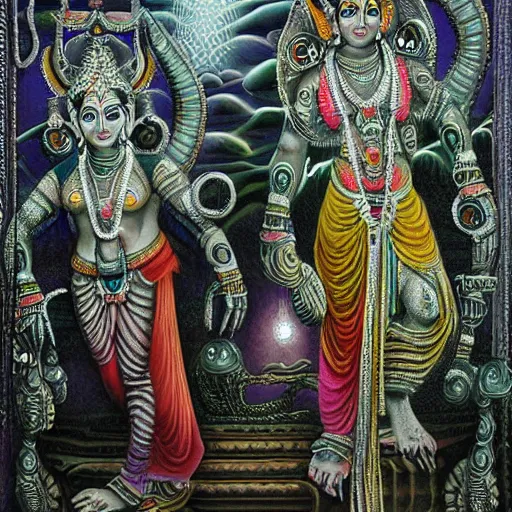 Image similar to hindu gods, airbrush painting by hr giger, intricate detail, exquisite craftsmanship, colorful lighting,