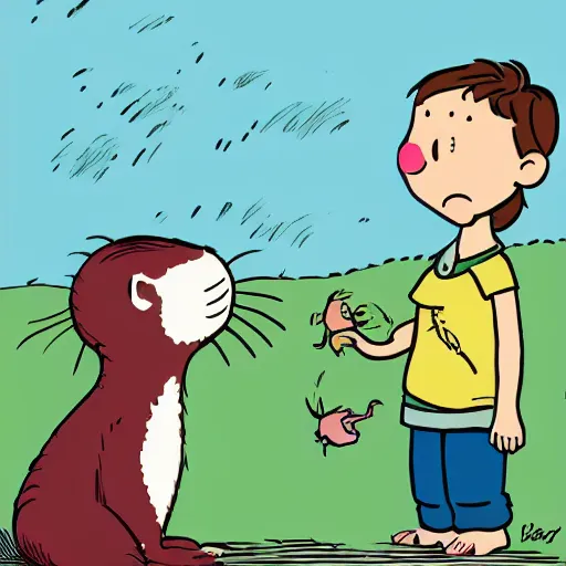 Image similar to a small girl and her otter friend in the style of Bill Watterson