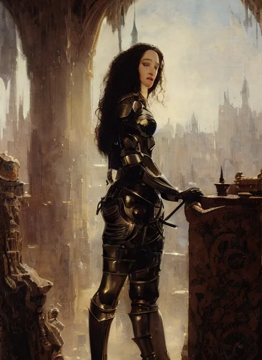 Image similar to short muscular young kat dennings wearing black medieval armour, bare legs, detailed, by gaston bussiere, bayard wu, greg rutkowski, giger, maxim verehin, greg rutkowski, masterpiece, sharp focus, cinematic lightning