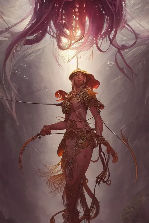 Image similar to a anthropomorphic jellyfish warrior, D&D, fantasy, intricate, highly detailed, digital painting, artstation, concept art, smooth, sharp focus, illustration, art by artgerm and greg rutkowski and alphonse mucha