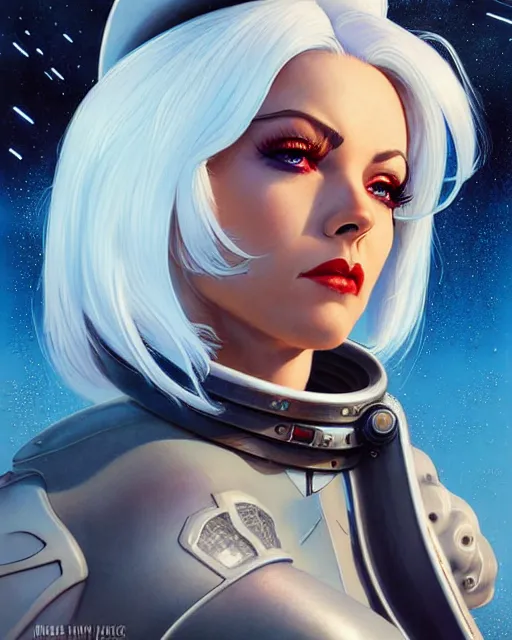 Image similar to ashe from overwatch, white hair, space cowgirl, character portrait, portrait, close up, concept art, intricate details, highly detailed, vintage sci - fi poster, retro future, in the style of chris foss, rodger dean, moebius, michael whelan, and gustave dore