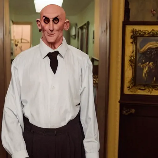 Image similar to an old ((somewhat mildewed)) funeral home director of Italian descent, somewhat bent over, bald on top, with a halo of unkempt hair, looking like Lurch from Addams Family, bearing a large mad grin, the minor god of illumination