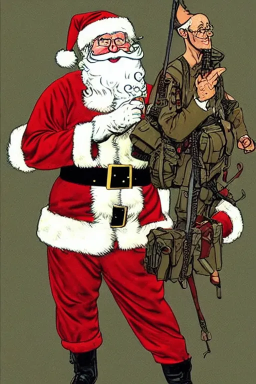 Image similar to concept of Santa Claus holding a M61 Vulcan and wearing an army harness vest full of pouches, by Geof Darrow and Simon Bisley, detailed, full body