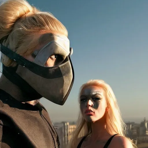 Image similar to a very huge, very big masked mutant man standing next to a small blonde woman. The mutant is huge very big very muscular. The woman is blonde and small, short. They are staring at the horizon where there are the ruins of a city, postapocalyptic, movie still