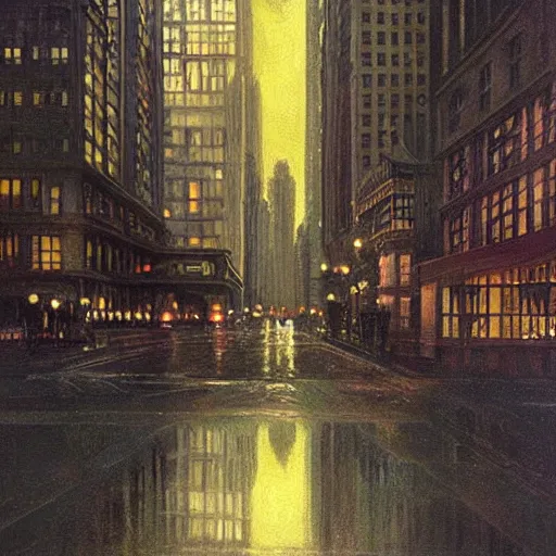 Image similar to muted color ultra realistic painting mirror dimesnions 1 9 2 5 boston downtown at night, dark, brooding, night, atmospheric, horror, cosmic, ultra - realistic, smooth, highly detailed in the style of clyde caldwell