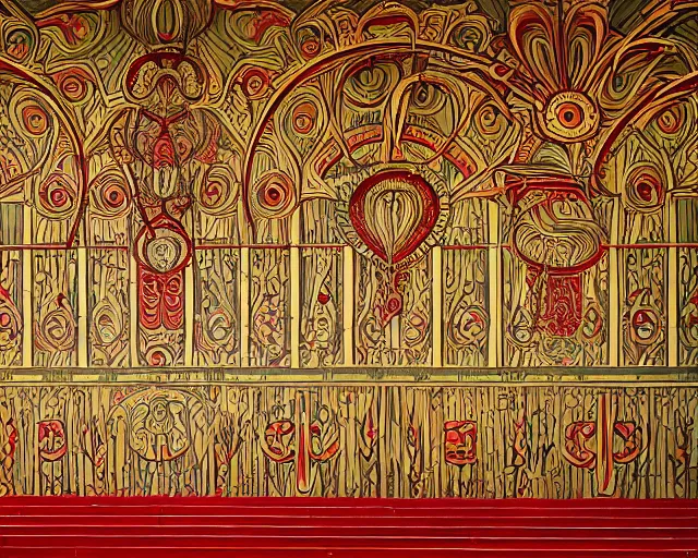 Image similar to mural from the early 1 9 0 0 s in the style of art nouveau, red curtains, art nouveau design elements, art nouveau ornament, brick wall, opera house architectural elements, mucha, masonic symbols, masonic lodge, ernst - ludwig - haus, darmstadt