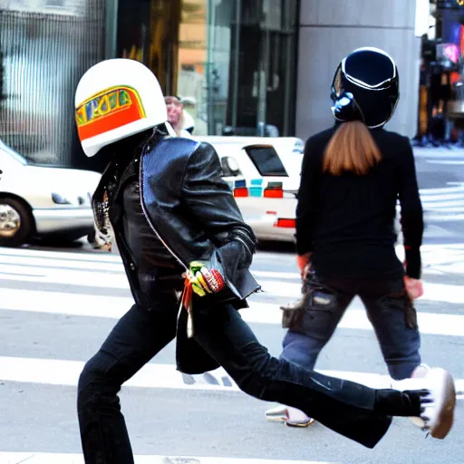 Prompt: kid rock wearing a daft punk helmet running after an ambulance in downtown new york city