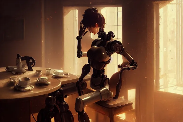 Prompt: coffee room baroque oil painting finely detailed perfect face mexican man smoking anime shinkai takeuchi key visual of character concept art metal female robot body suit pixiv fanbox, painted by greg rutkowski