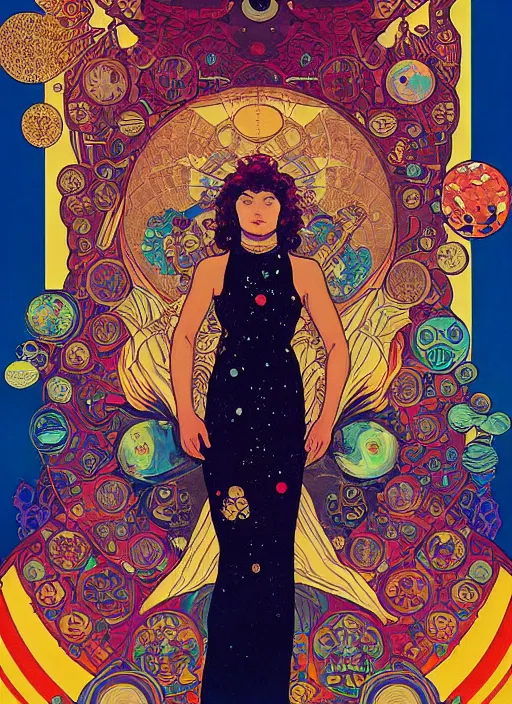 Prompt: fractal cosmonaut girl, poster art by Victor Moscoso Dan Mumford Kilian Eng Hannah Jeffrey Smith Rick Griffin Alphonse Mucha Gustav Klimt Ayami Kojima Amano Charlie Bowater