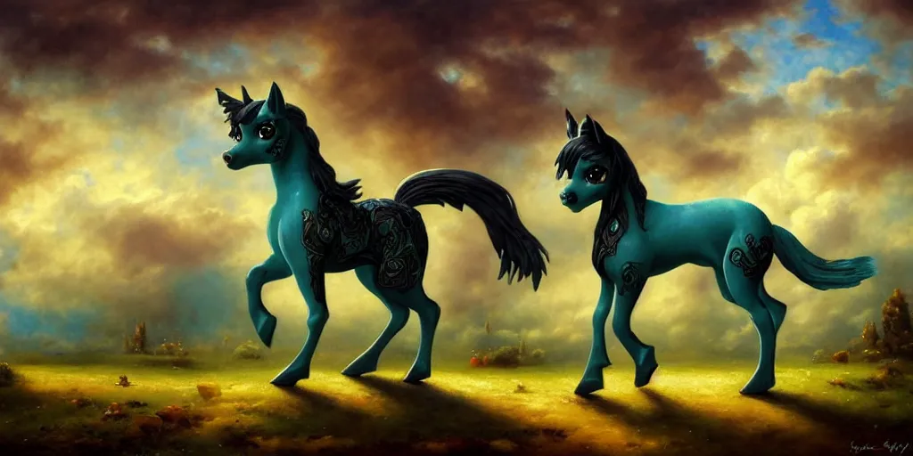 Image similar to 3 d littlest pet shop horse, gothic antique theme, teal, shadow, clouds, dullahan, celtic, intricate, master painter and art style of noel coypel, art of emile eisman - semenowsky, art of edouard bisson