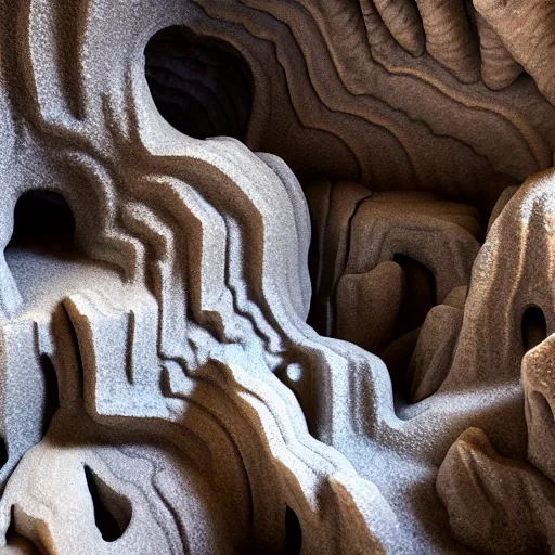 Image similar to detailed photo, cathedrals of carved stone in a canyon grotto, shiny layered geological strata,ground mist swirling vortexes,granular detail, by Sparth and Greg Rutkowski, hypermaximalist,micro details, 3d sculpture,f32,deep depth of field,cinematic lighting,digital rendering,photographic, wide angle,octane render , 4k, artstation, concept art, 35mm, graflex, color film photography,