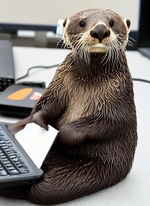 Image similar to cute sea otter wearing headphones sitting in front of a computer