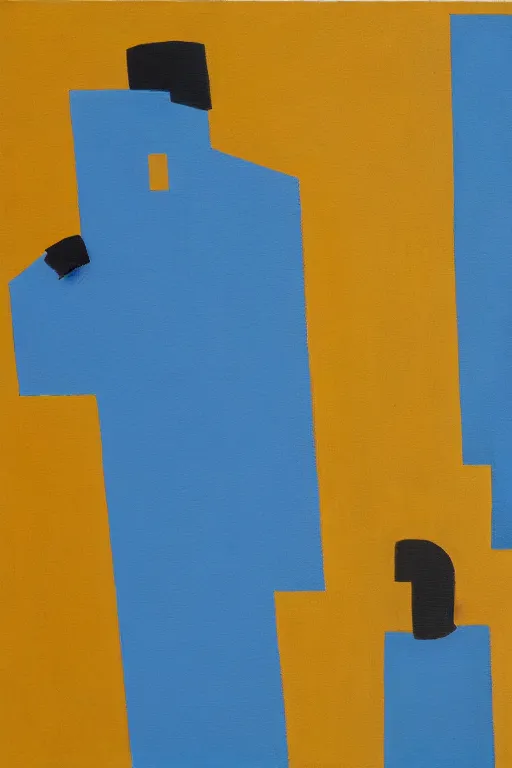 Image similar to neo cubistic painting of two tall figures, sandy yellow and some light blue, muted colors