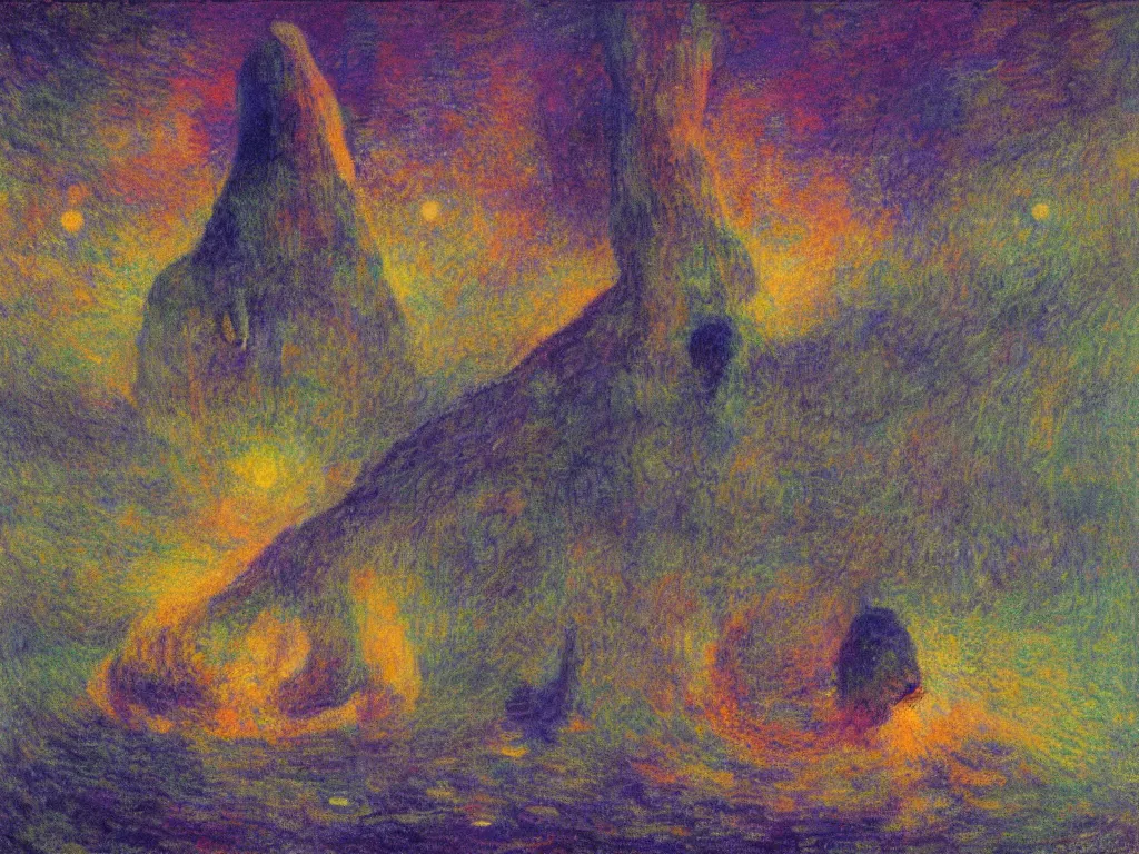 Image similar to study of the psychedelics dream bot mothership firefly net over the sublime sacred rock. painting by mikalojus konstantinas ciurlionis, monet, bosch, wayne barlowe, agnes pelton, rene magritte