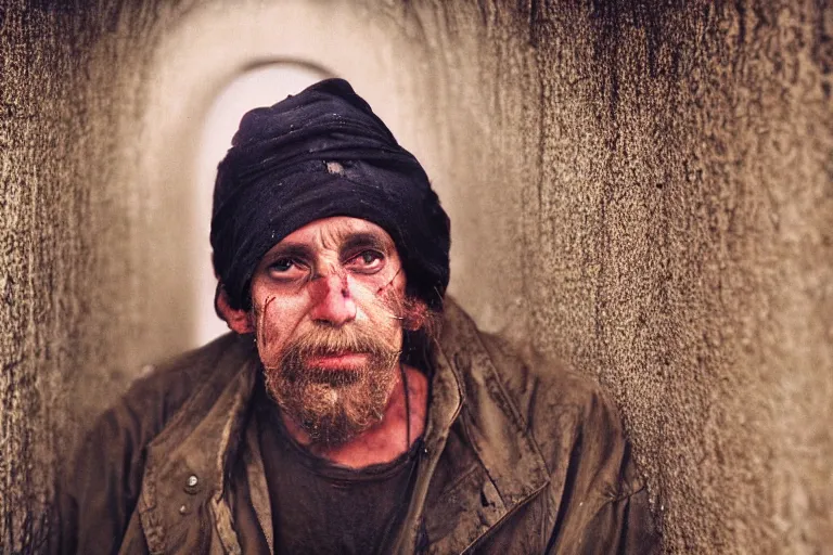 Image similar to a cinematic!! headshot photograph!! of a beautiful homeless war veteran, stood in a tunnel, rain, dirt, film still, cinematic lighting, by bill henson