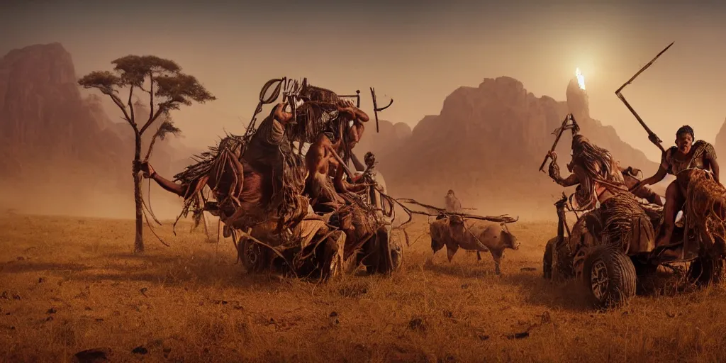 Prompt: ancient indian tribesman hunting on atv buffalo herd, wooden wheels, attacking, chase, action scene, an epic fantasy, dramatic lighting, cinematic, establishing shot, extremely high detail, photorealistic, cinematic lighting, artstation, octane render, by simon stalenhag, horizon forbidden west,old photo, high speed photography, vintage, extreme sports