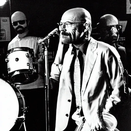 Prompt: A photo of Walter White performing with a 1970s funk band