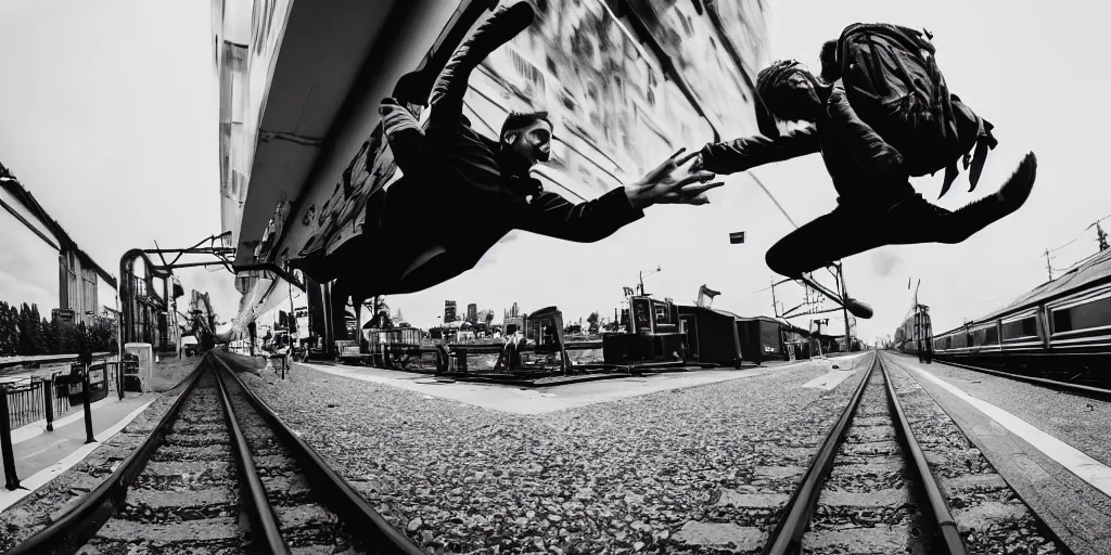 Image similar to a wide shot angle photography of a person jumping into a moving train