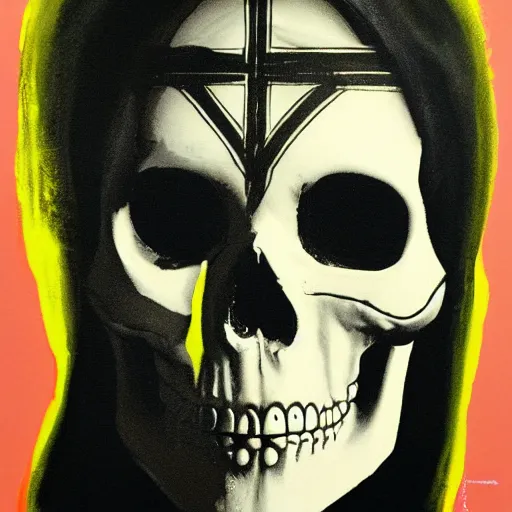 Image similar to painting of the virgin mary skull face by greg rutkowski and andy warhol