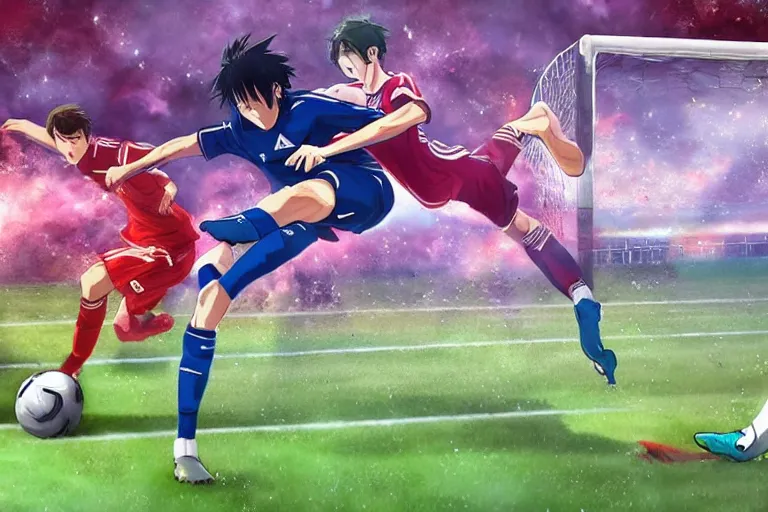 Prompt: anime soccer player scores goal with volley kick, hyperrealism