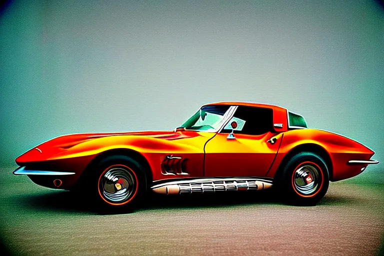 Prompt: stylized poster of a single 1 9 6 8 corvette, thick neon lights, ektachrome photograph, volumetric lighting, f 8 aperture, cinematic eastman 5 3 8 4 film