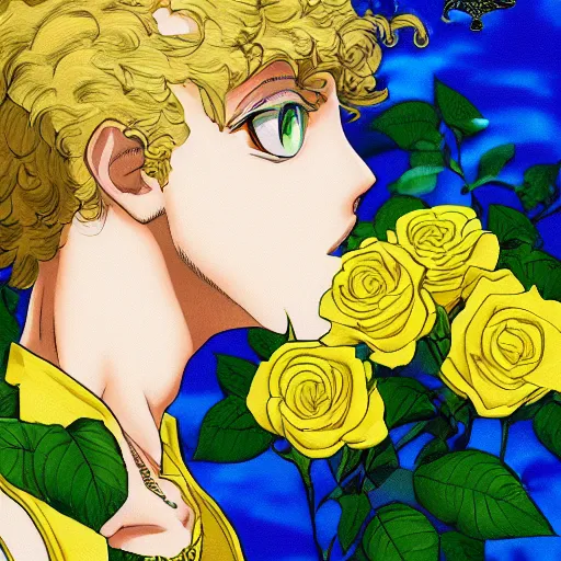 Prompt: a side view portrait of 1 5 years old young and beautiful giorno giovanna, green and yellow roses fill the background, fantasy, detailed, cinematic, tarot card, highly detailed, golden ratio, pixiv