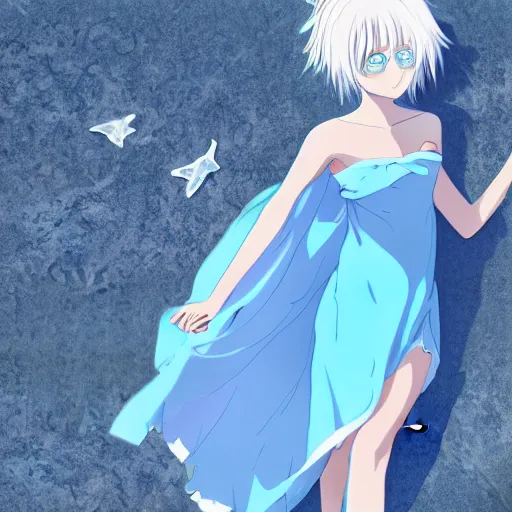 Prompt: a girl with light blue eyes, light blue hair in a white nightgown lies on the sand on the beach, anime style, high quality, 4 k digital art,