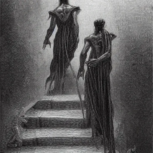 Prompt: a fantasy painting of three demons walking up stairs by Gustave Dore